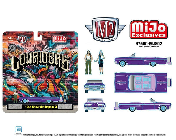 (Preorder) M2 Machines 1:64 Diorama Series 1964 Chevrolet Impala SS Convertible Top - Down w/ 2 Ladies Figures (Metallic Purple) Mijo Exclusives - Cheeky MonkeyZ Diecast