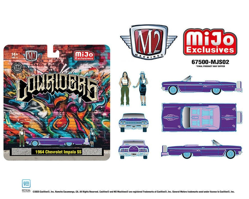 (Preorder) M2 Machines 1:64 Diorama Series 1964 Chevrolet Impala SS Convertible Top - Down w/ 2 Ladies Figures (Metallic Purple) Mijo Exclusives - Cheeky MonkeyZ Diecast