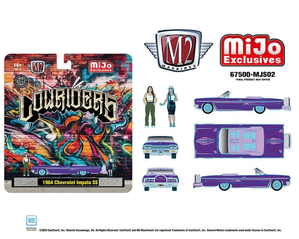 (Preorder) M2 Machines 1:64 Diorama Series 1964 Chevrolet Impala SS Convertible Top - Down w/ 2 Ladies Figures (Metallic Purple) Mijo Exclusives - Cheeky MonkeyZ Diecast