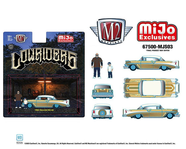 (Preorder) M2 Machines 1:64 Diorama Series 1956 Chevrolet Bel Air Lowriders with 2 Dad & Son Figures (Beige Gold) Mijo Exclusives - Cheeky MonkeyZ Diecast