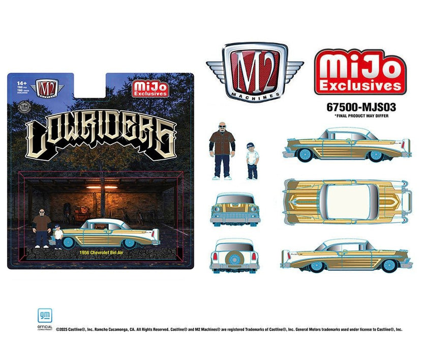 (Preorder) M2 Machines 1:64 Diorama Series 1956 Chevrolet Bel Air Lowriders with 2 Dad & Son Figures (Beige Gold) Mijo Exclusives - Cheeky MonkeyZ Diecast