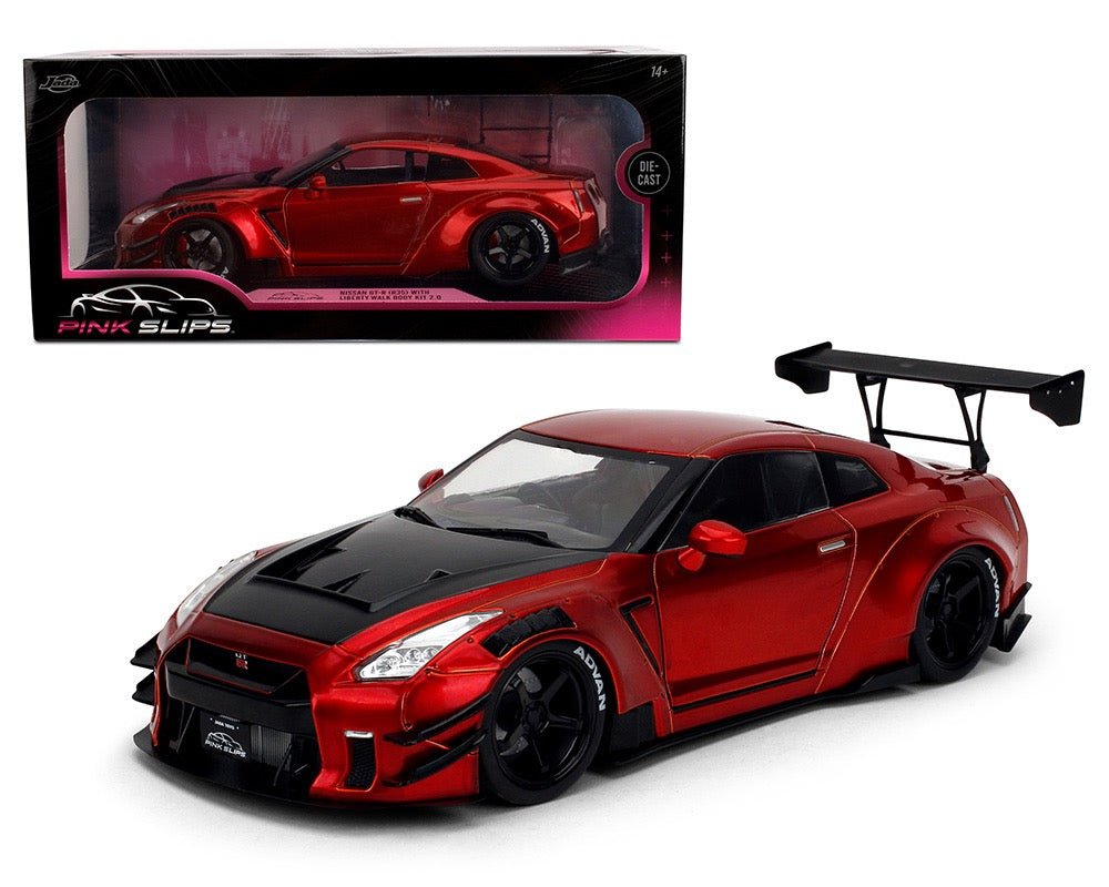 Jada 1:18 Nissan GT - R (R35) Liberty Walk Body Kit 2.0 – Candy Red with Carbon Black Hood – Pink Slips - Cheeky MonkeyZ Diecast