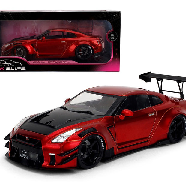 Jada 1:18 Nissan GT-R (R35) Liberty Walk Body Kit 2.0 – Candy Red with Carbon Black Hood – Pink Slips