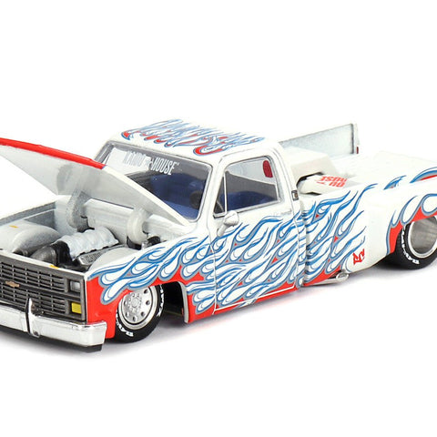 Chevrolet Silverado Dually Pickup Truck "On Fire V2" White Metallic with Blue Flames and Blue Interior (Designed by Jun Imai) "Kaido House" Special 1/64 Diecast Model Car by Mini GT - Cheeky MonkeyZ Diecast
