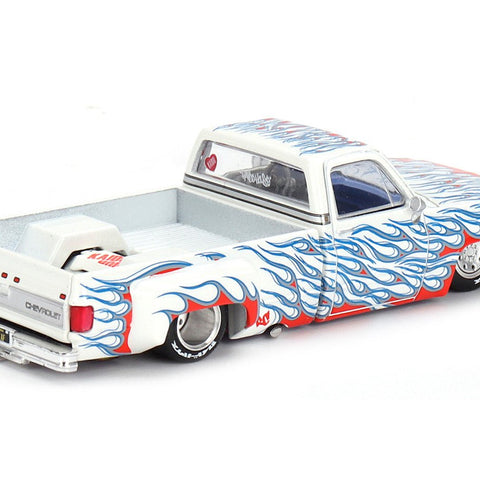 Chevrolet Silverado Dually Pickup Truck "On Fire V2" White Metallic with Blue Flames and Blue Interior (Designed by Jun Imai) "Kaido House" Special 1/64 Diecast Model Car by Mini GT - Cheeky MonkeyZ Diecast