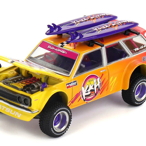 Datsun Kaido 510 Wagon 4x4 RHD (Right Hand Drive) "Kaido Islands V1" Yellow to Red Gradient with Surfboards (Designed by Jun Imai) "Kaido House" Special 1/64 Diecast Model Car by Mini GT - Cheeky MonkeyZ Diecast