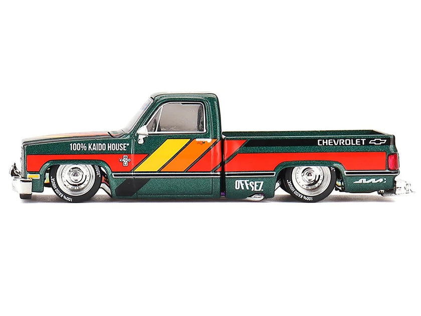 Chevrolet Silverado Pickup Truck "Kaido Works V3" Dark Green Metallic with Graphics (Designed by Jun Imai) "Kaido House" Special 1/64 Diecast Model Car by Mini GT - Cheeky MonkeyZ Diecast